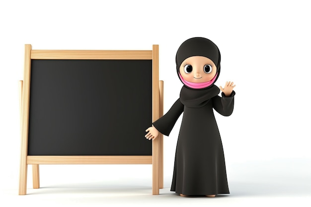 3d cartoon muslim woman with hijab next to the blackboard isolated on white background