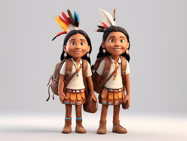 3D cartoon Native American Indian Pupils with schoolbag happy back to school white background