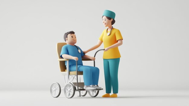 Photo a 3d cartoon nurse helping a patient with mobility assistance against a minimalist white