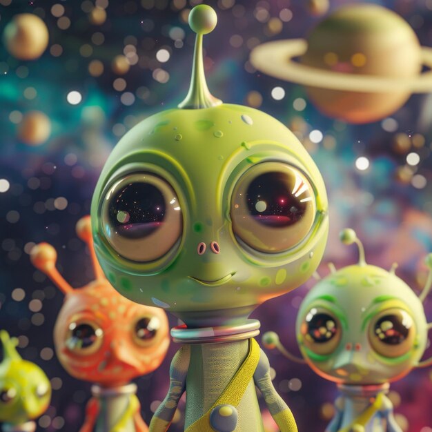 3D cartoon one aliens in space