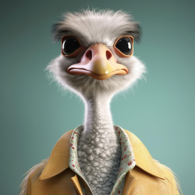 3D cartoon ostrich portrait wearing clothes standing in front studio lights generative ai