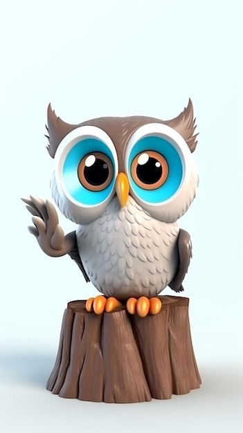 3D Cartoon owl on the tree branch on white background