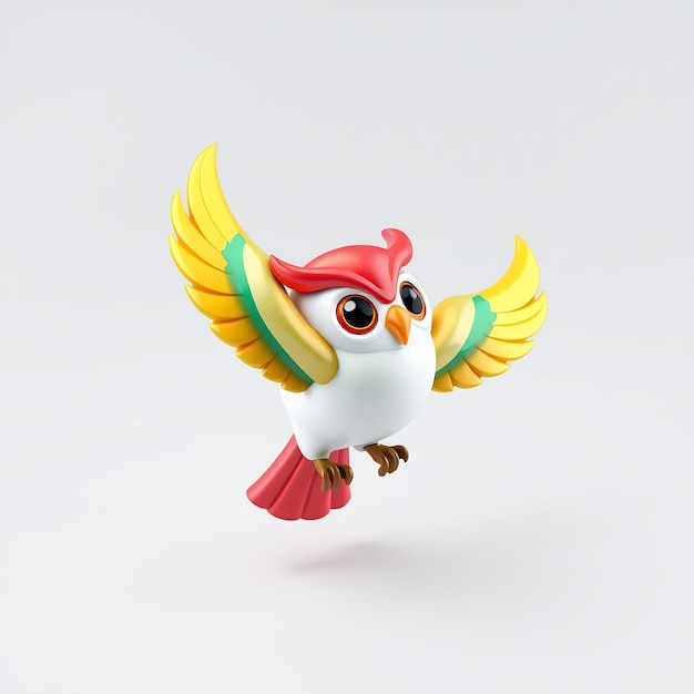 Photo 3d cartoon owl with yellow wings and red tail flying