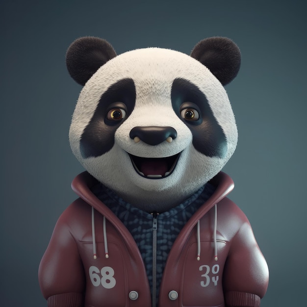 3D cartoon Panda bear portrait wearing clothes glasses hat and jacket standing in front