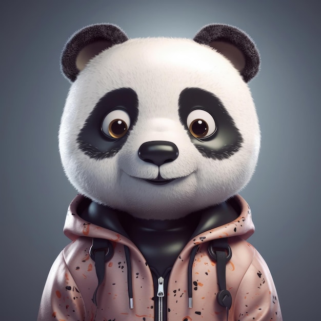 3D cartoon panda portrait wearing clothes glasses hat and jacket standing in front