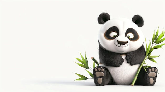 A 3D cartoon panda sitting with a bamboo stalk in front of a white background