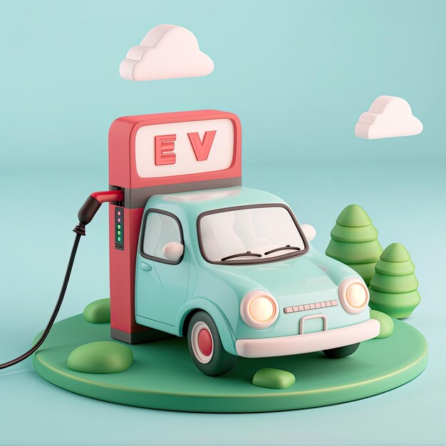 3d cartoon pastel EV Car Concept Eco technology