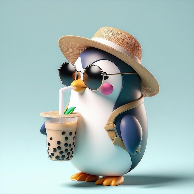 3D cartoon penguin mascot wearing sunglasses and summer apparel drinking bubble tea with tapioca