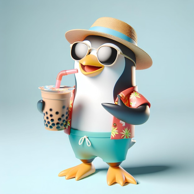 3D cartoon penguin mascot wearing sunglasses and summer apparel drinking bubble tea with tapioca