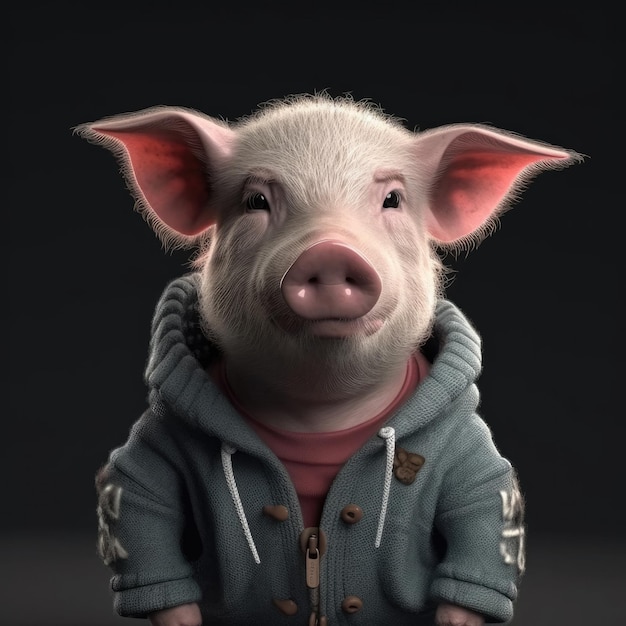 3D cartoon Pig portrait wearing clothes glasses hat and jacket standing in front