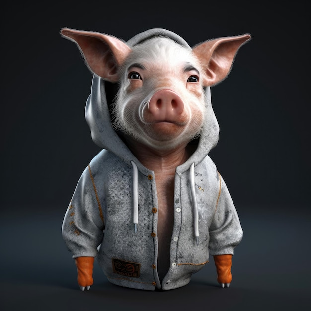 3D cartoon Pig portrait wearing clothes glasses hat and jacket standing in front