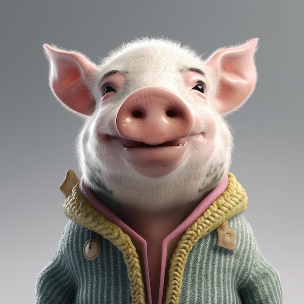 3D cartoon Pig portrait wearing clothes glasses hat and jacket standing in front