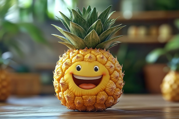 Photo 3d cartoon pineapple with a cheerful smile exaggerated spiky top and a shiny textured surface