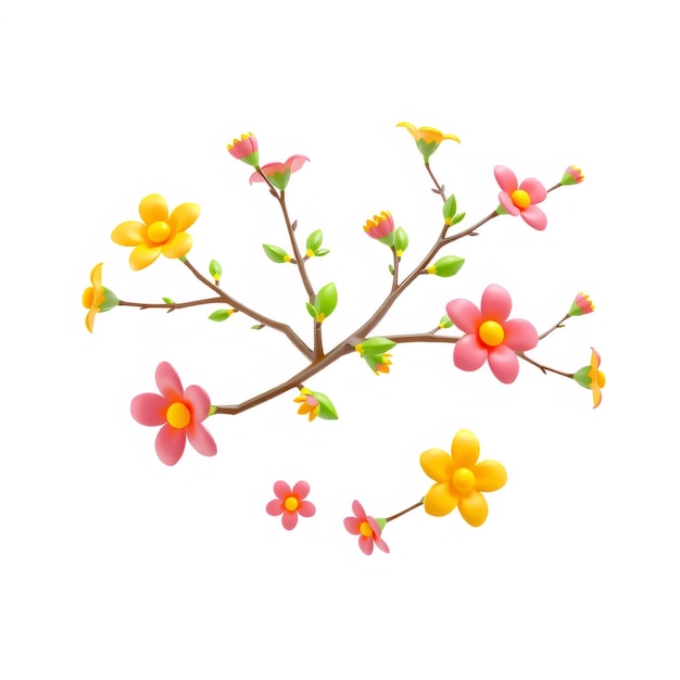 3D cartoon pink and yellow flowers on a branch isolated on white background