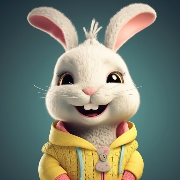 3D cartoon Rabbit portrait wearing clothes glasses hat and jacket standing in front