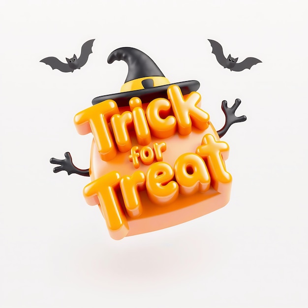 3D cartoon rendering of trick or treat text with a witch hat and bat