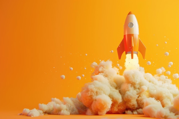 A 3D cartoon rocket is launching into an orange sky with smoke and flames