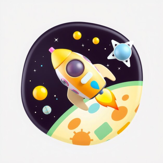 Photo 3d cartoon rocket ship taking off from planet in space