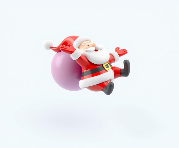 Photo a 3d cartoon santa claus flying on a large pink ball with his arms out