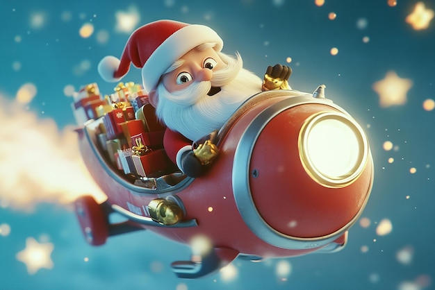 3D Cartoon of Santa Claus Riding on a Rocket