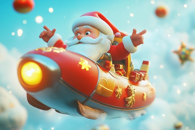 3D Cartoon of Santa Claus Riding on a Rocket