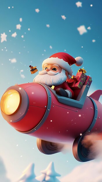 3D Cartoon of Santa Claus Riding on a Rocket