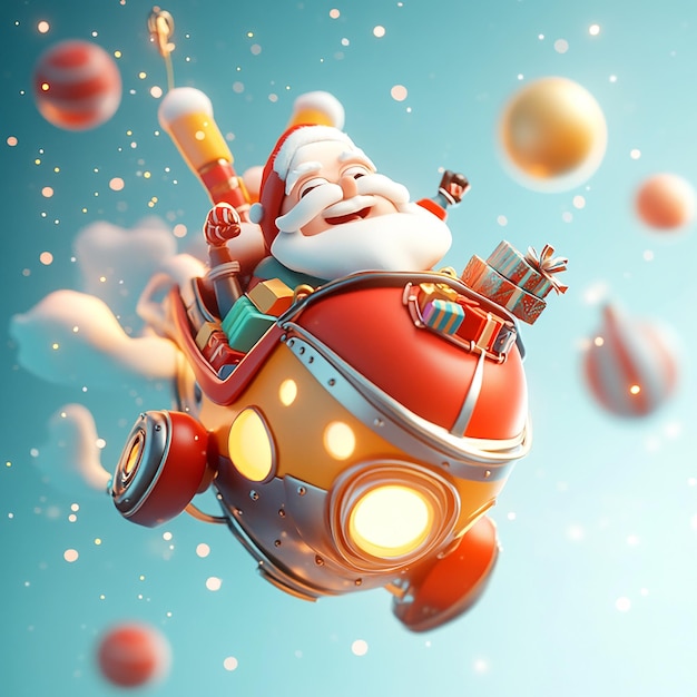 Photo 3d cartoon of santa claus riding on a rocket