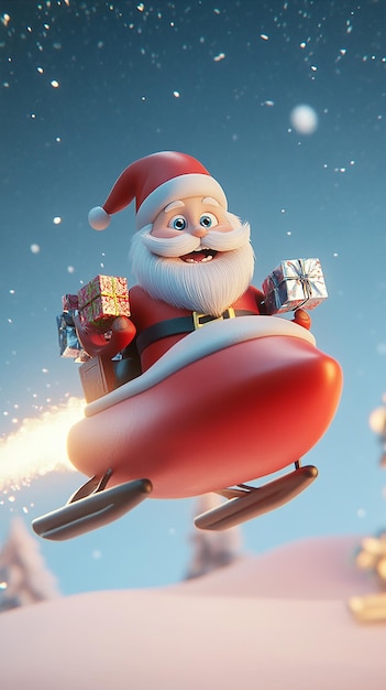 3D Cartoon of Santa Claus Riding on a Rocket