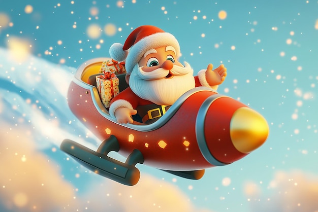 3D Cartoon of Santa Claus Riding on a Rocket