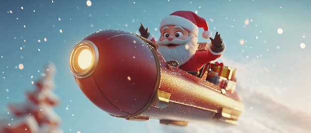 3D Cartoon of Santa Claus Riding on a Rocket