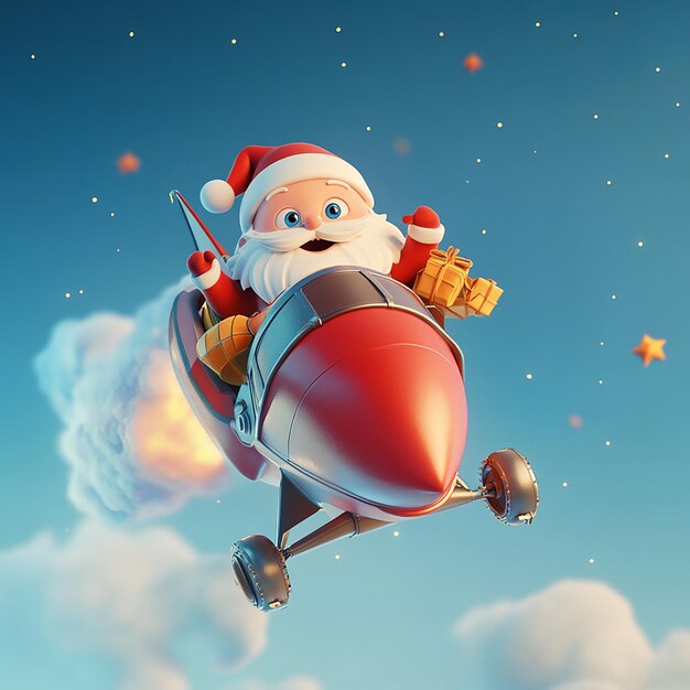 Photo 3d cartoon of santa claus riding on a rocket