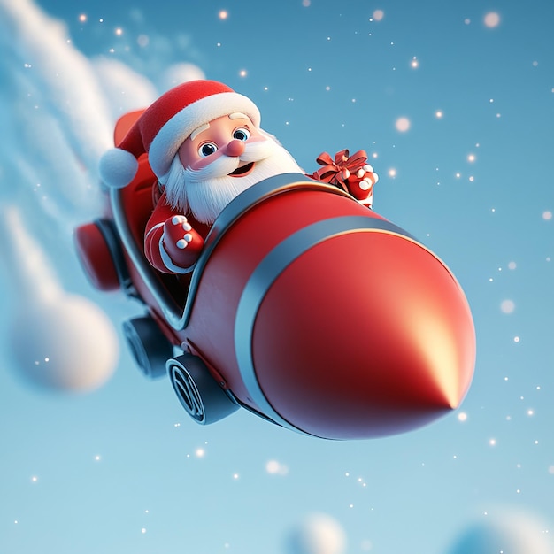 Photo 3d cartoon of santa claus riding on a rocket