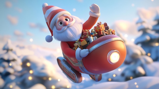 3D Cartoon of Santa Claus Riding on a Rocket