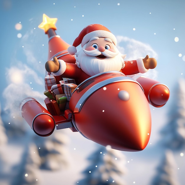 3D Cartoon of Santa Claus Riding on a Rocket