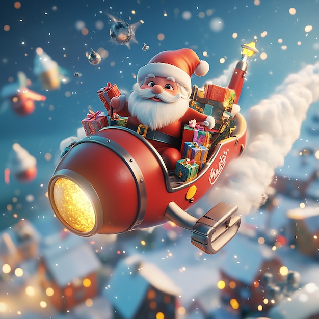 Photo 3d cartoon of santa claus riding on a rocket