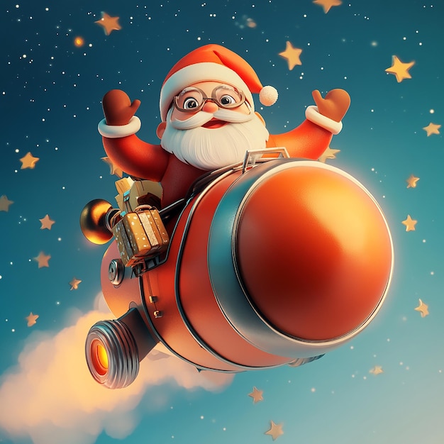 3D Cartoon of Santa Claus Riding on a Rocket