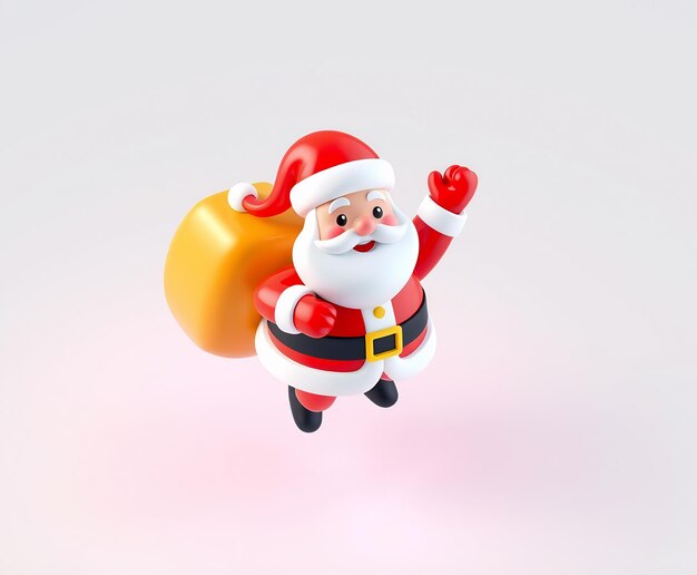 A 3D cartoon Santa Claus with a bag of gifts waving isolated against a white background