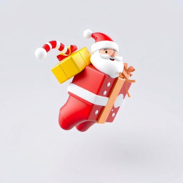 A 3D cartoon Santa Claus with a big smile is flying in the air carrying gifts a yellow box with a re