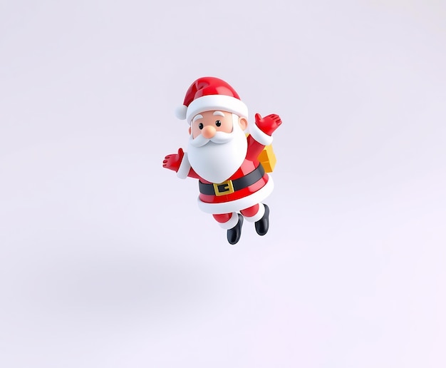 A 3D cartoon Santa Claus with a sack of presents flying against a white background