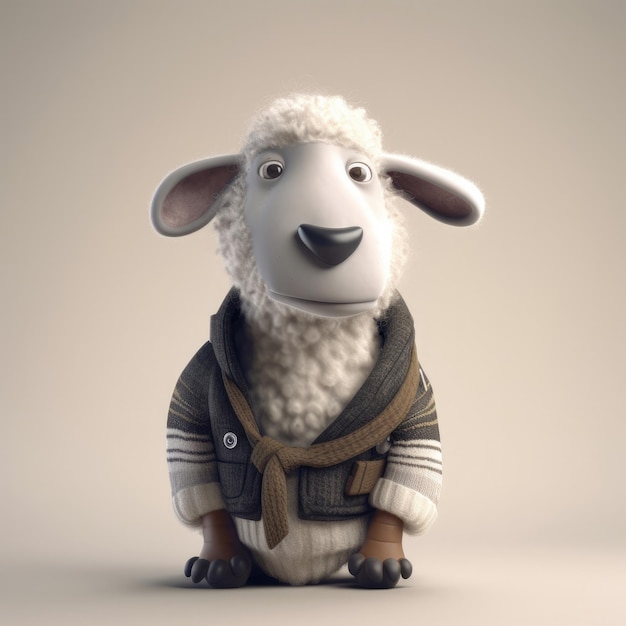 3D cartoon Sheep portrait wearing clothes glasses hat and jacket standing in front