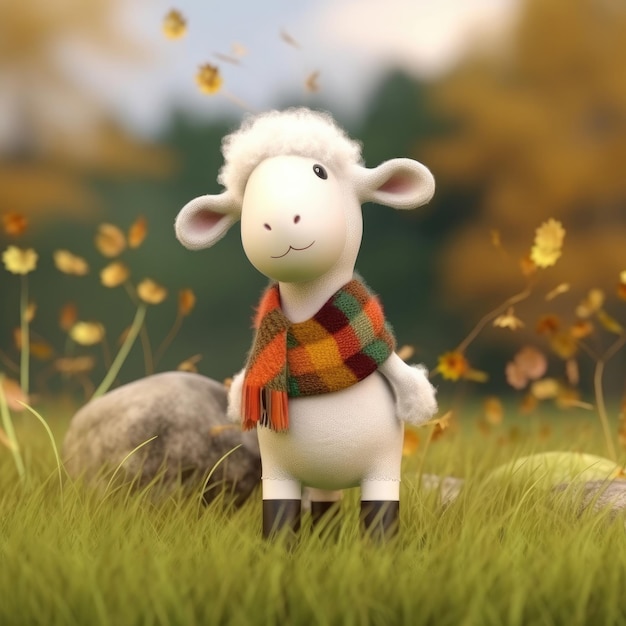 3D cartoon Sheep portrait wearing clothes glasses hat and jacket standing in front