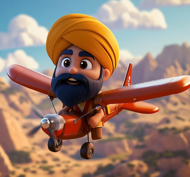 Photo 3d cartoon sikh man flying airplane