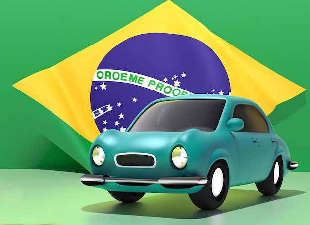 3d cartoon sitting in a car brazil flag