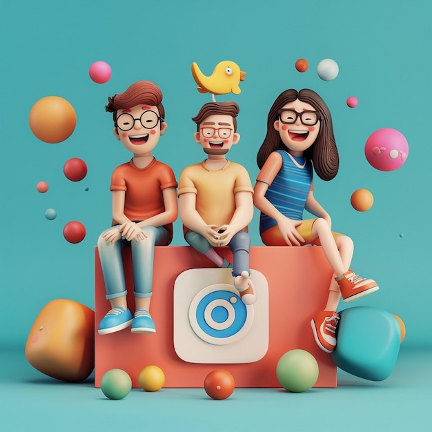 3d cartoon sitting on insta logo box friends