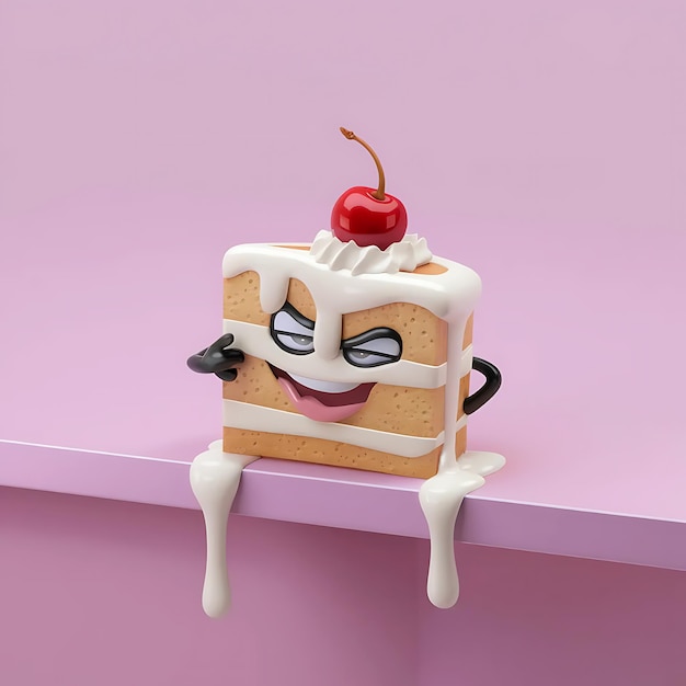 A 3D cartoon slice of cake with a cheeky grin on a plain pink background