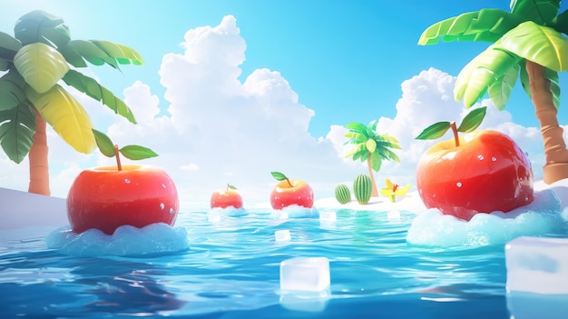 3D cartoon style casual game art style sunny ocean background with blue sky There are large apples