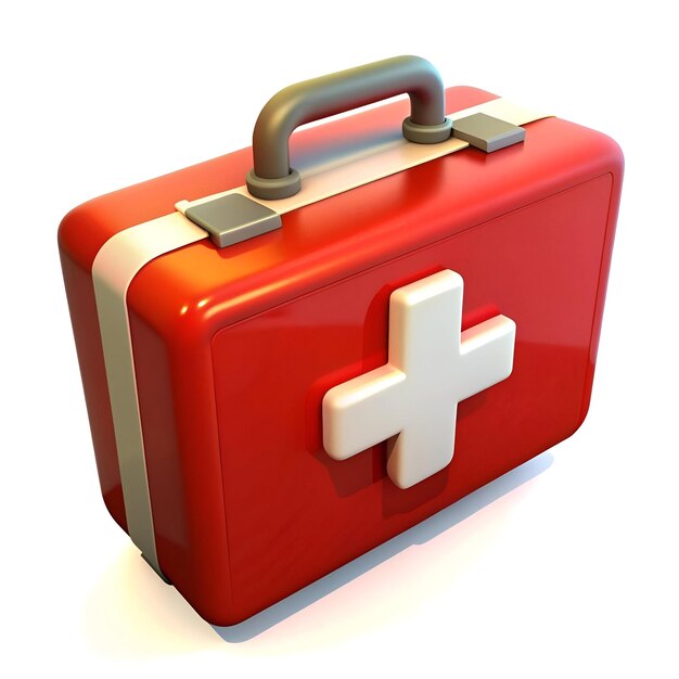 A 3D cartoon style first aid kit perfect for illustrating healthcare safety or emergency preparedness