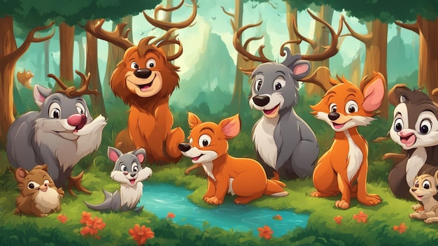 Photo 3d cartoon style illustration of wild animal grouping and collection in forest with cute face