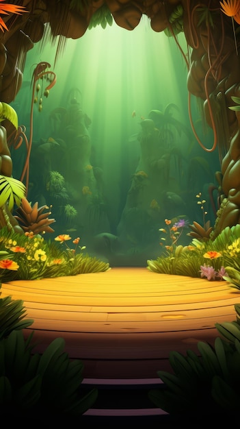 Photo a 3d cartoon style jungle background with a wooden platform in the foreground