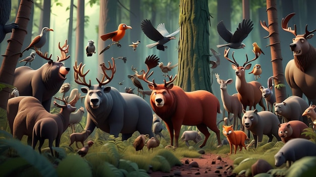 Photo 3d cartoon style wild animal in forest illustration image